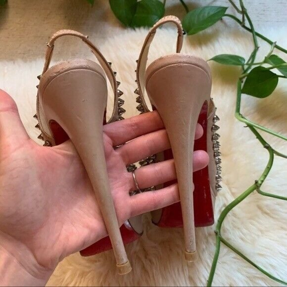 Louboutin Nude Leather Clou Spikes Studded Designer Platform Slingbacks Pumps 37 - Picture 5 of 13